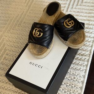 Gucci Black and Gold Espadrille Slides